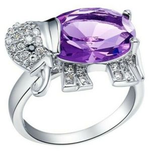 Elephant Women Purple Gemstone Crystal Silver Ring